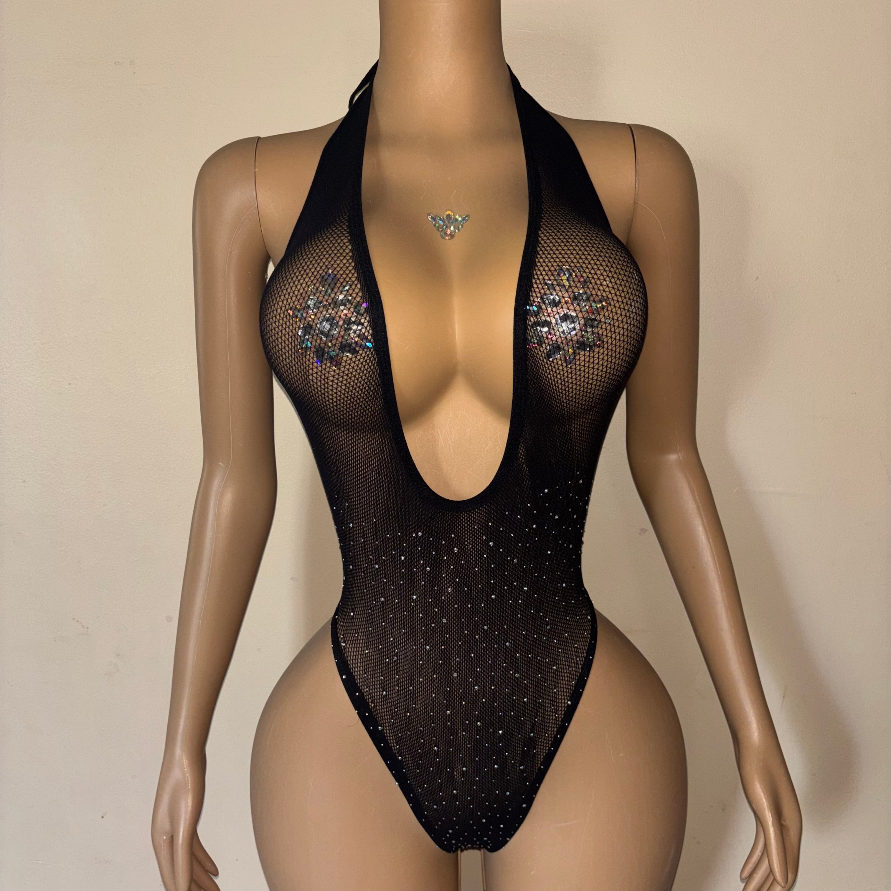 Black Sleeveless Bodysuit with Rhinestones