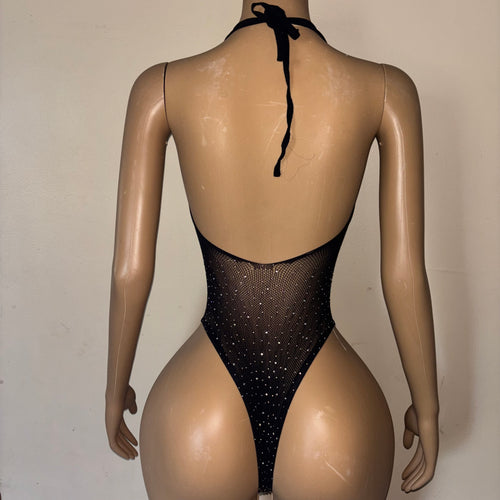 Black Sleeveless Bodysuit with Rhinestones