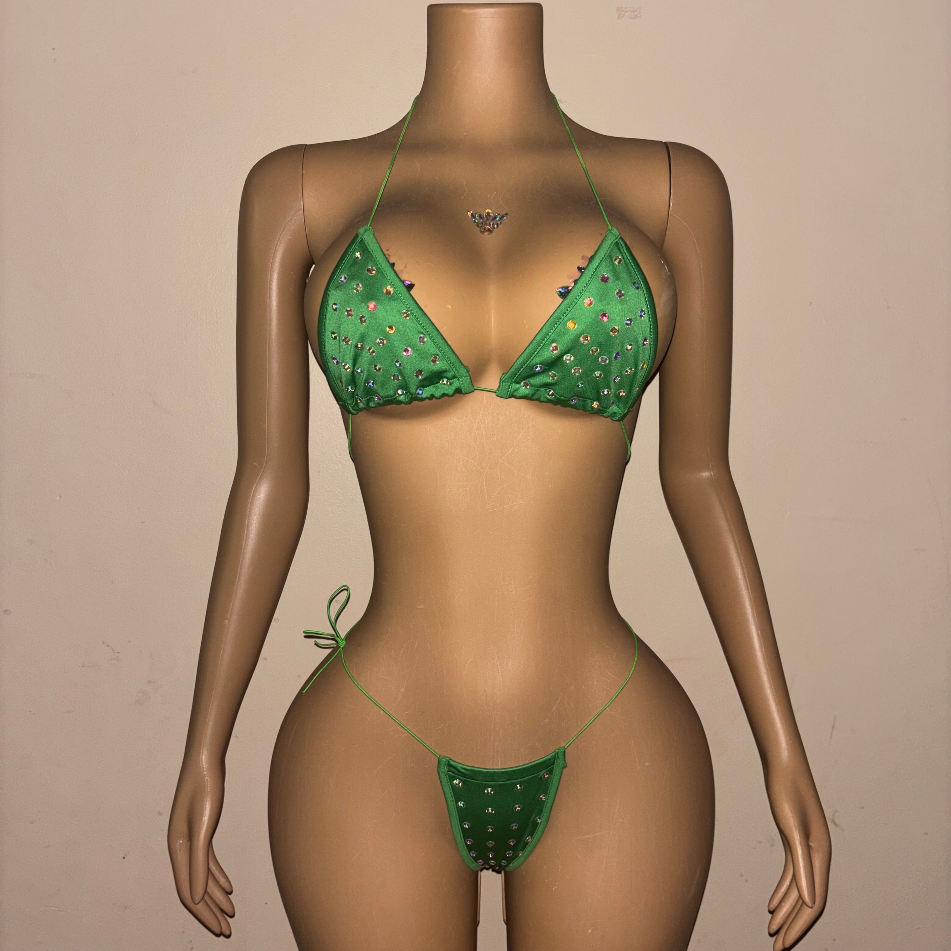 Green rhinestone microkini