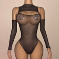 Black drop-sleeve rhinestone fishnet bodysuit